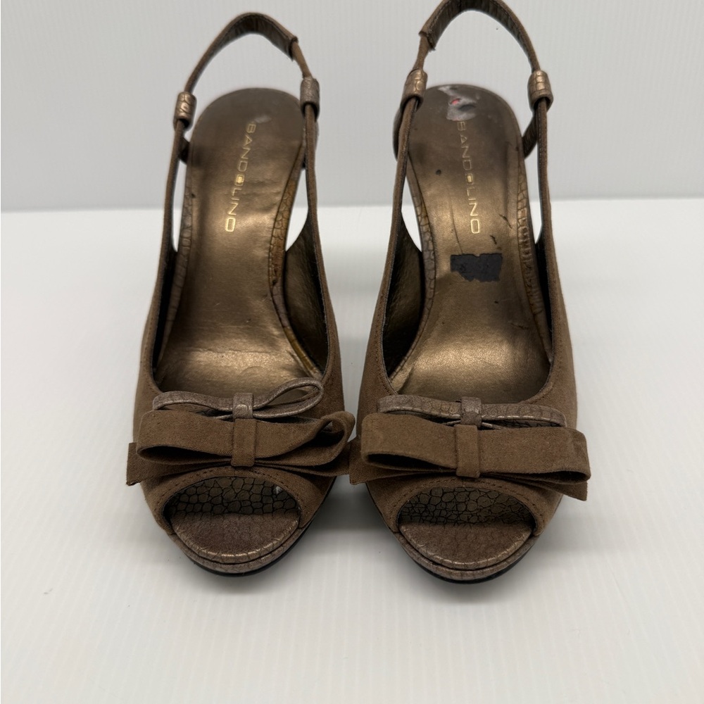 Bandolino Brown Gold Leather Suede Double Bow Slingback Heel Sandals